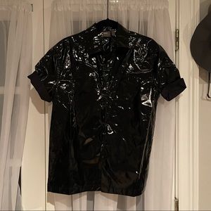 Shiny Black Patent PU Faux Leather Shirt